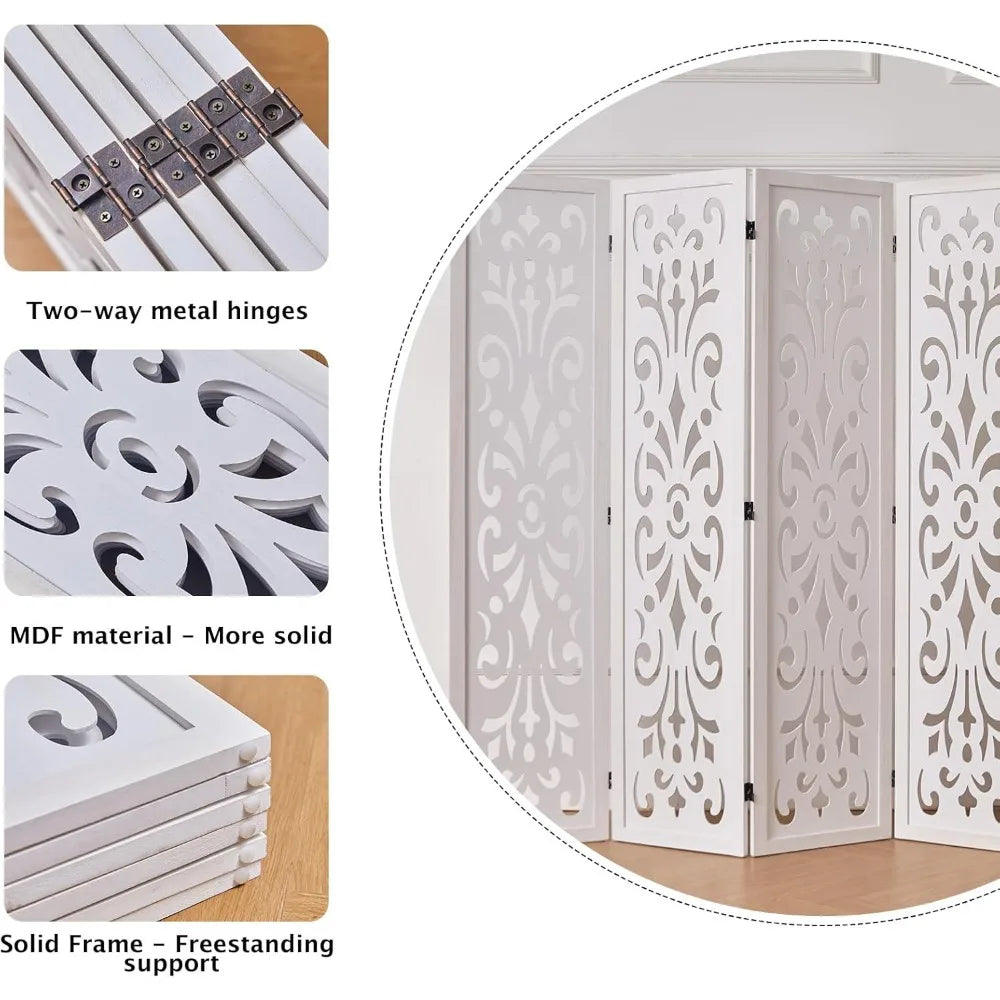 White Carved Wood Room Divider Folding Screen Six Panels