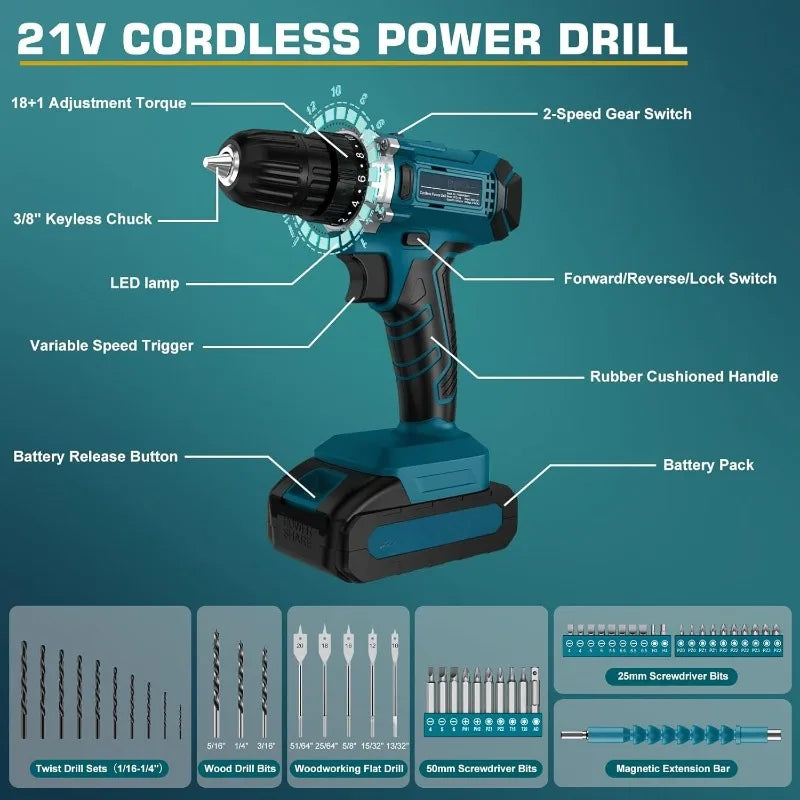 21V Cordless Drill Tool Kit 255 Pieces Home Repair Set