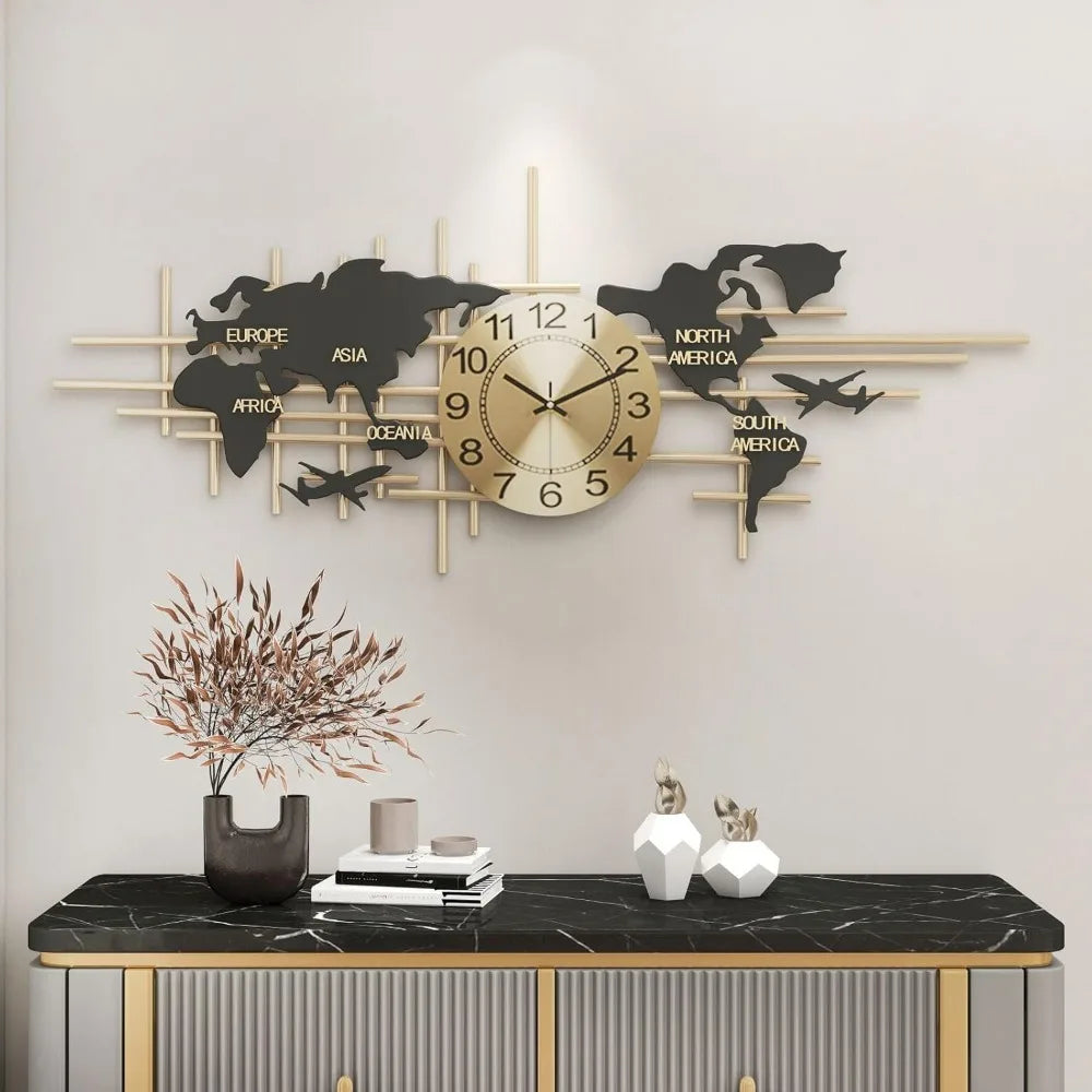 Modern 3D World Map Wall Clock in Bronze Gold
