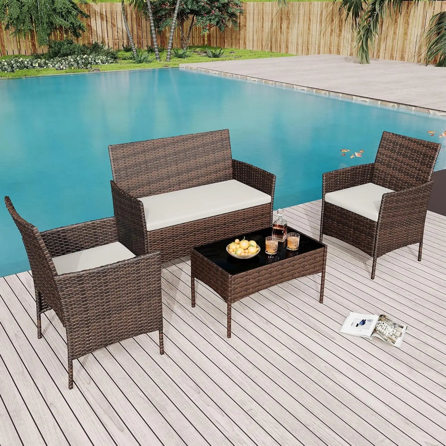 HiMISS 4-Piece PE Rattan Patio Set Outdoor Garden Table Chairs