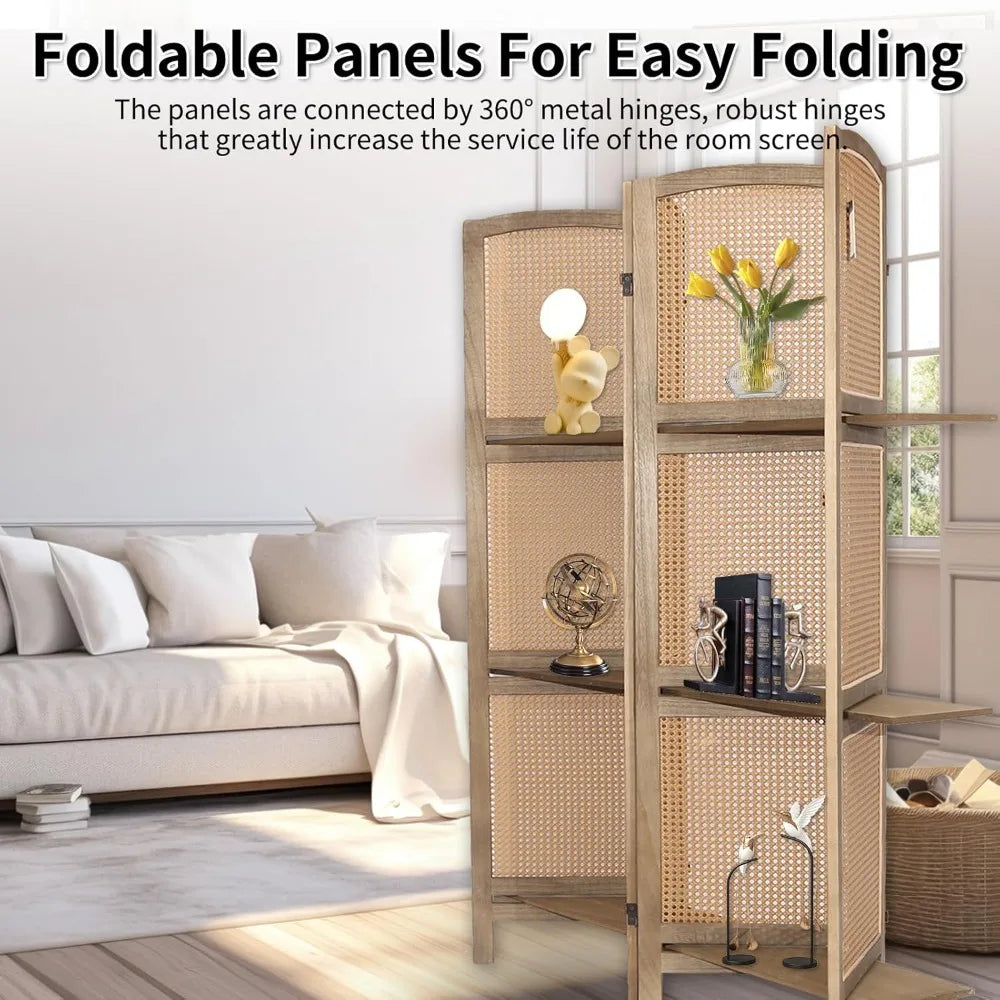 4 Panel Room Divider With Shelves Folding Privacy Screen