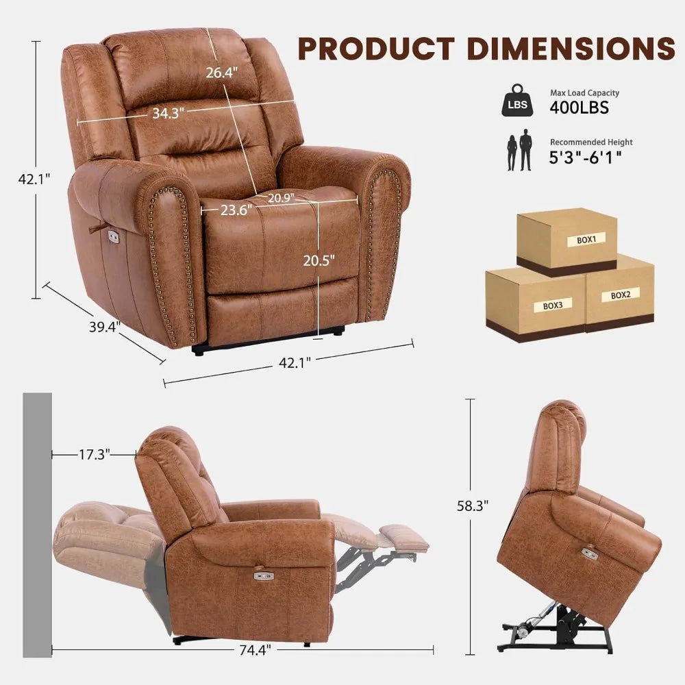 Nut Brown Lay Flat Power Lift Recliner With Heat Massage