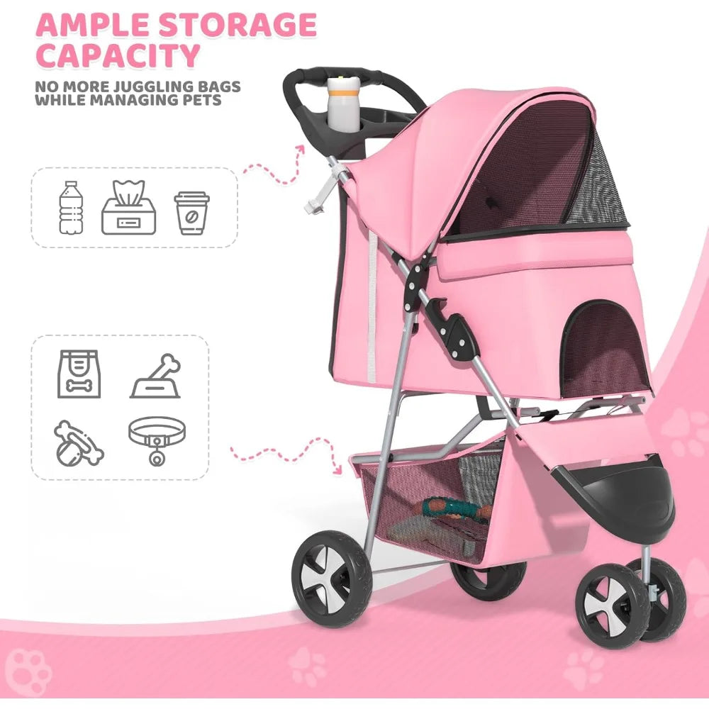 3-Wheel Foldable Pet Stroller For Small And Medium Dogs Cats
