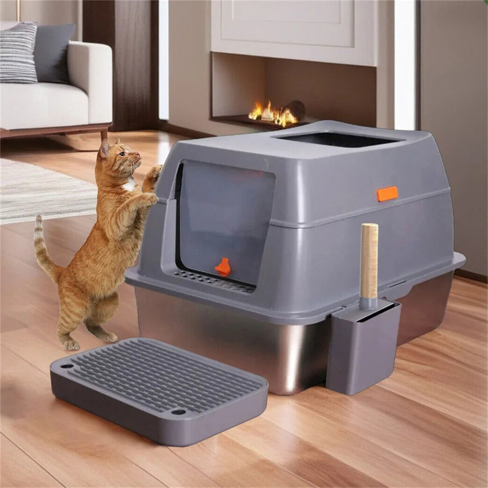 XXL Enclosed Stainless Steel Cat Litter Box with Lid