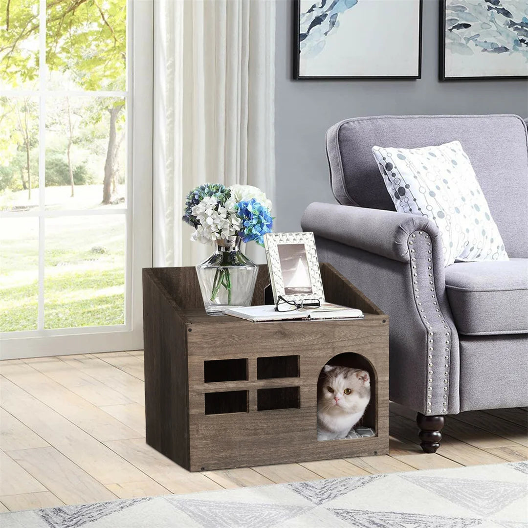 Wooden Cat Cave Bed with Cushion for Indoor Cats