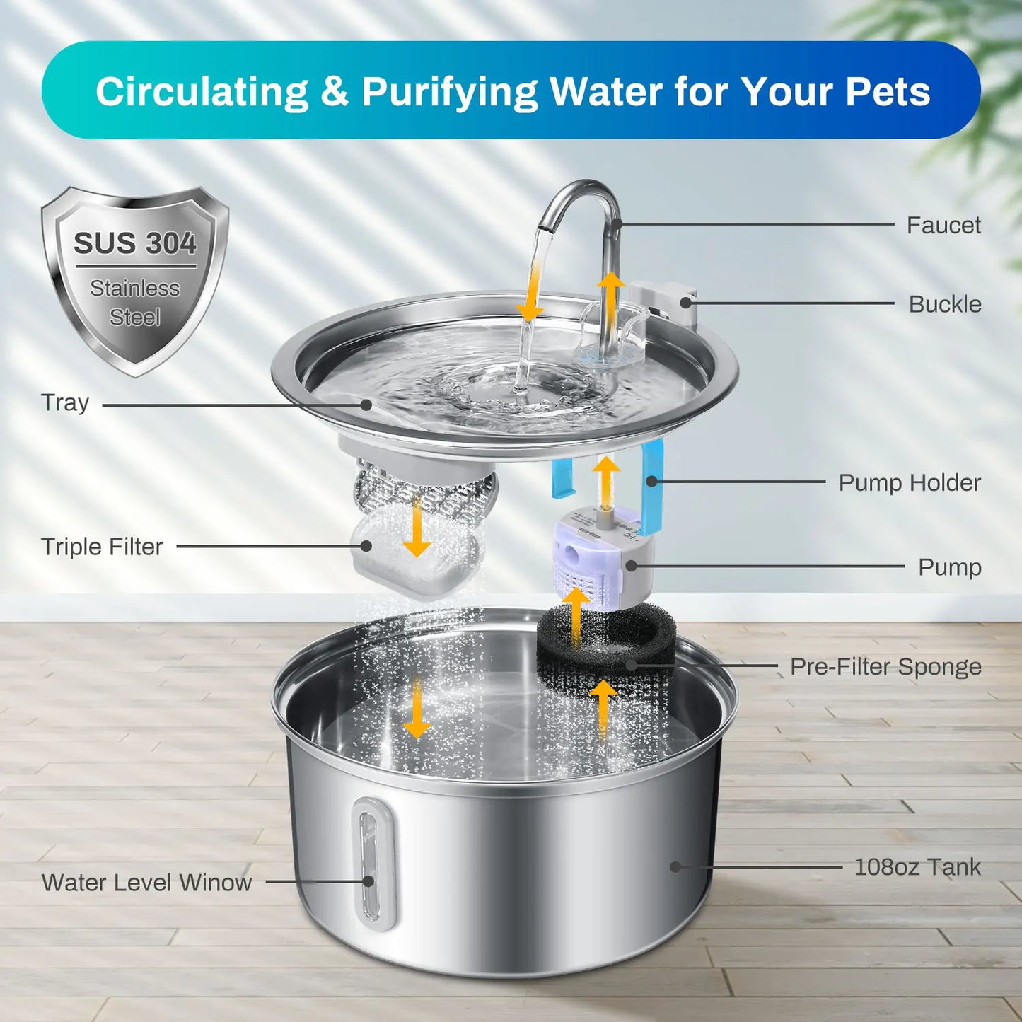 Cat Water Fountain Stainless Steel 108oz Ultra Quiet Pump