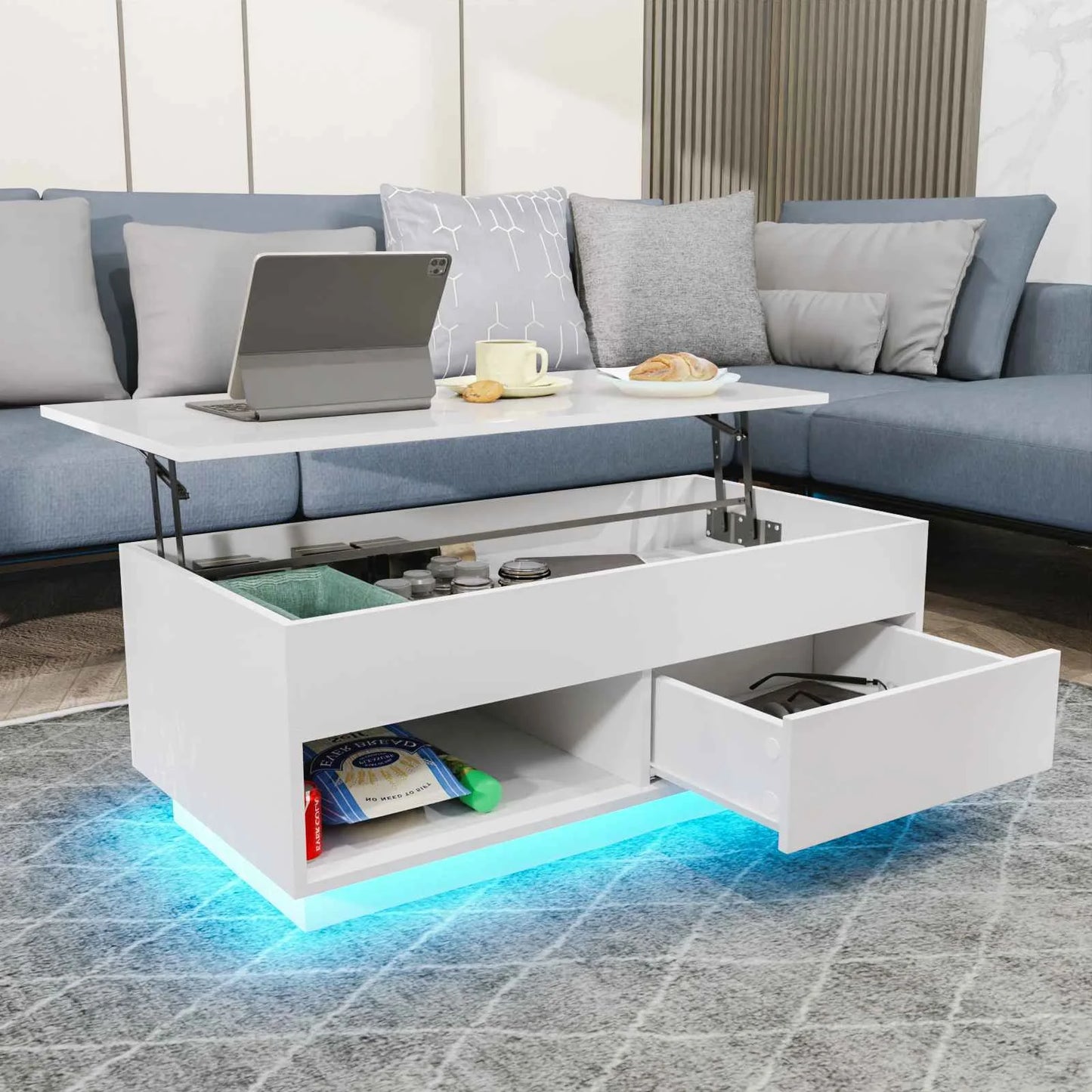 LED Lift Coffee Table With Height Adjustable Modern Design