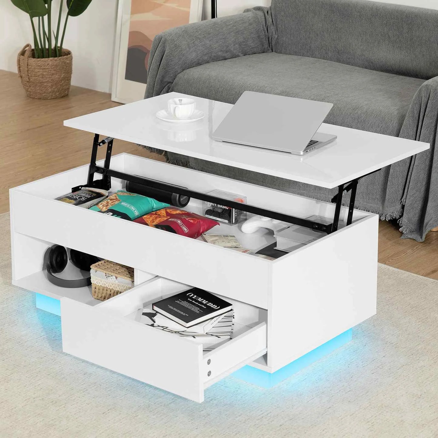 LED Lift Coffee Table With Height Adjustable Modern Design