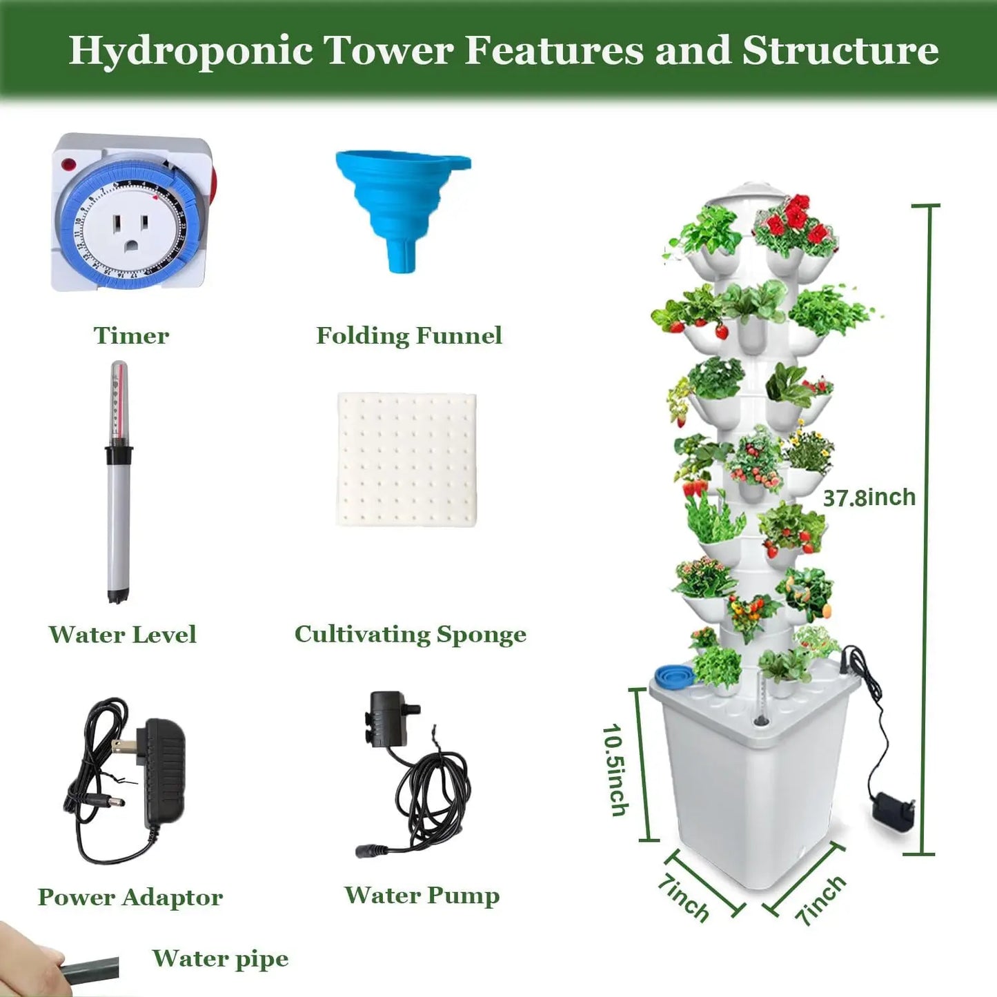 Vertical Hydroponic Tower System with 35 Pots, 7 Layers, Water Pump, Timer, and Smart Plug Kit
