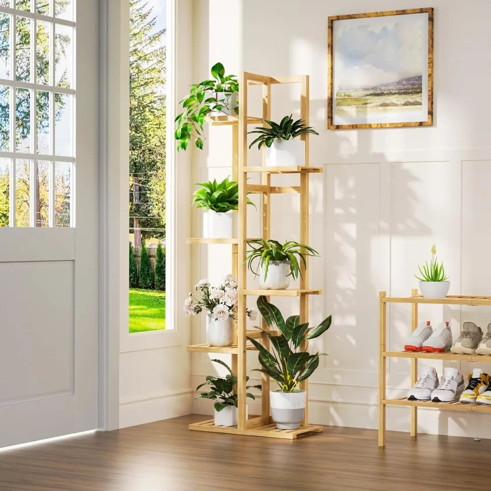 Six Tier Natural Bamboo Plant Stand Tall Corner Shelf