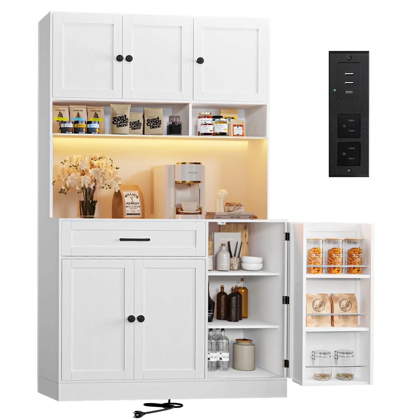 GUANGBAI Kitchen Pantry Cabinet With LED Lighting And Charging
