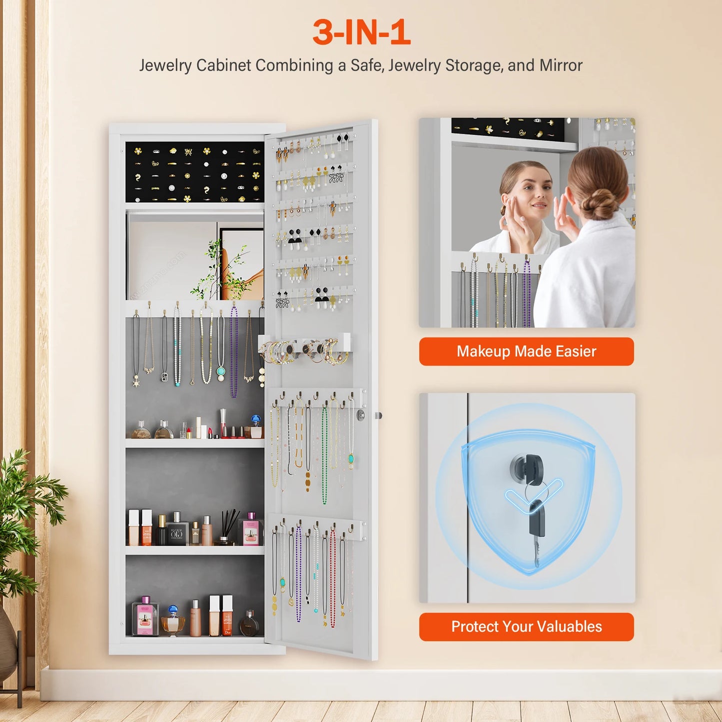 Kavey Mirror Jewelry Cabinet With LED Light Wall Mount