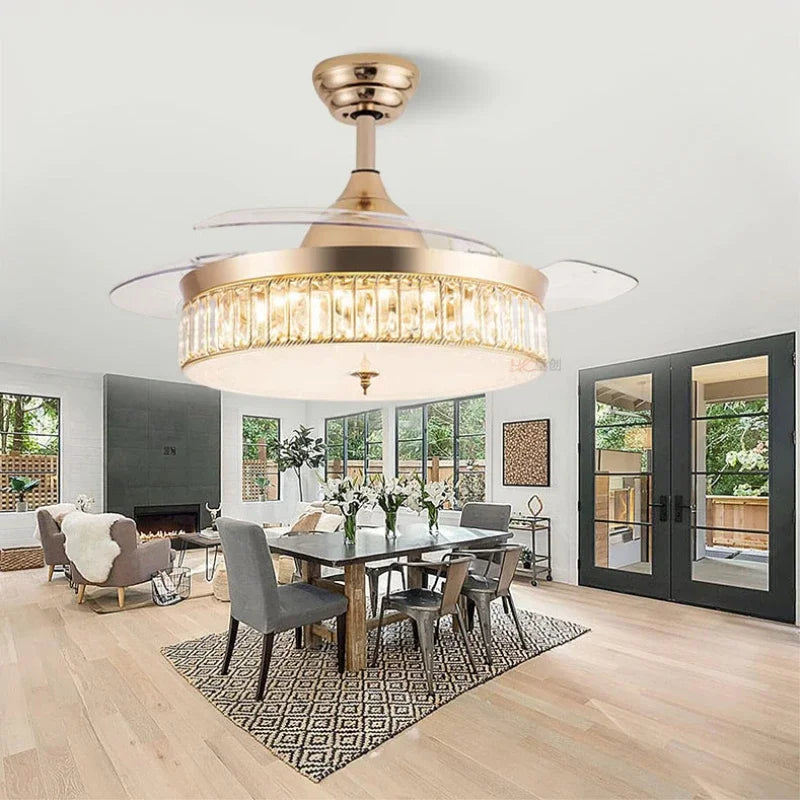 Retractable Ceiling Fan Light With Remote Crystal LED Chandelier