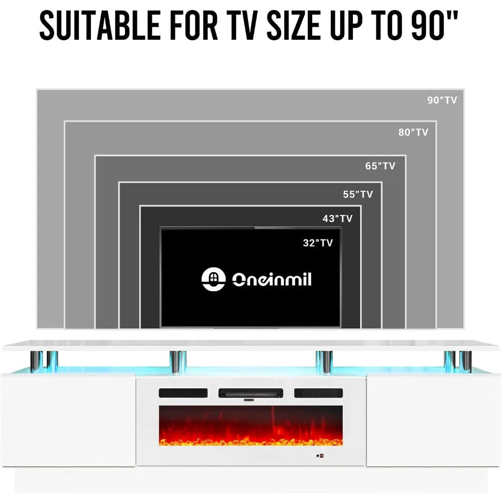 80 Inch Modern Electric Fireplace TV Stand With LED Lights