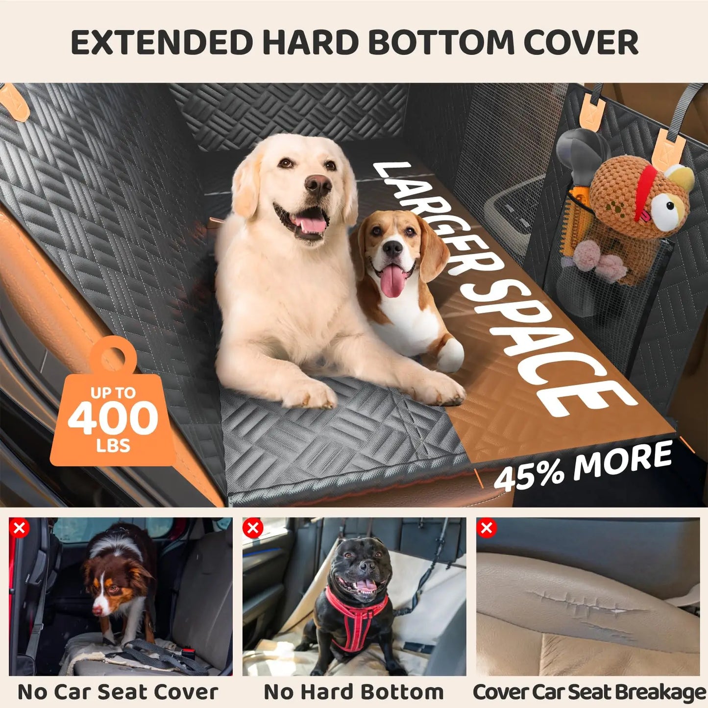 Car Rear Seat Dog Hammock With Hard Bottom Extender 400Lb