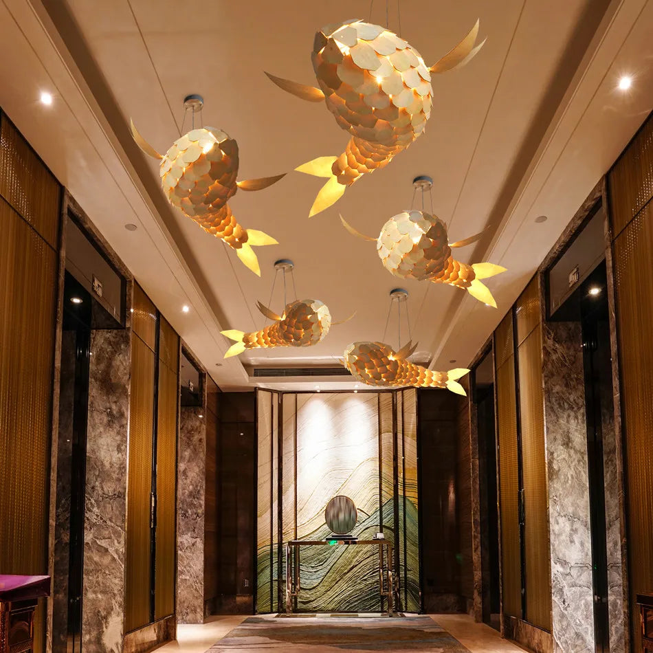 Fish Shape Wood Ceiling Pendant Lamp Handwoven Restaurants