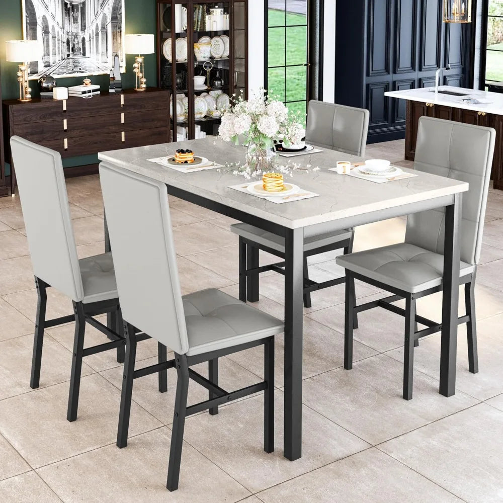 Modern Artificial Marble Dining Table With PU Leather Chairs Set