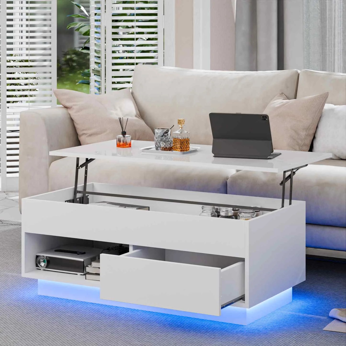 LED Lift Coffee Table With Height Adjustable Modern Design