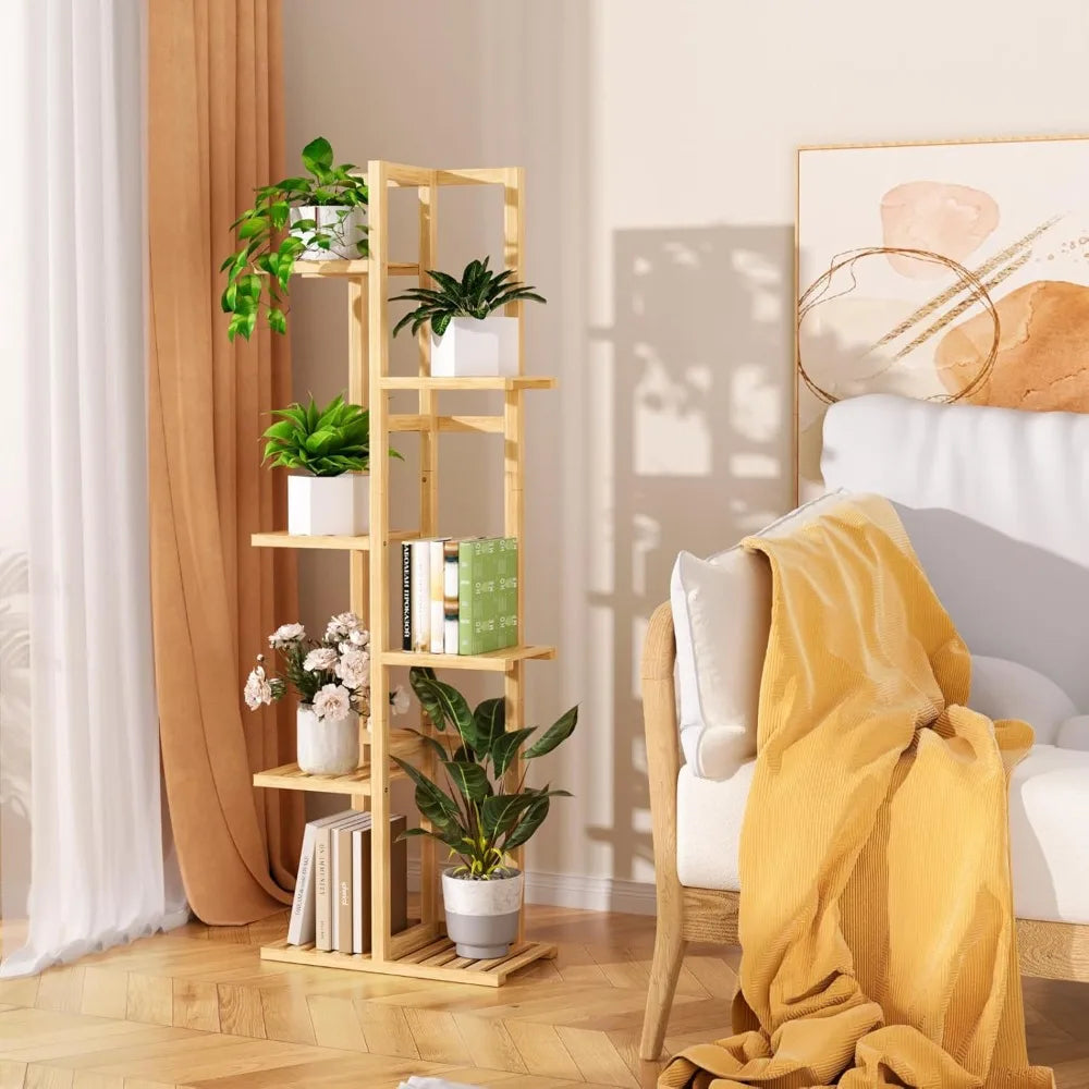 Six Tier Natural Bamboo Plant Stand Tall Corner Shelf