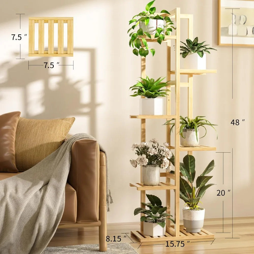 Six Tier Natural Bamboo Plant Stand Tall Corner Shelf