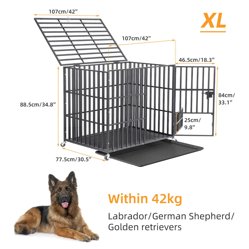 XXL Heavy Duty Dog Crate With Lockable Wheels And Tray