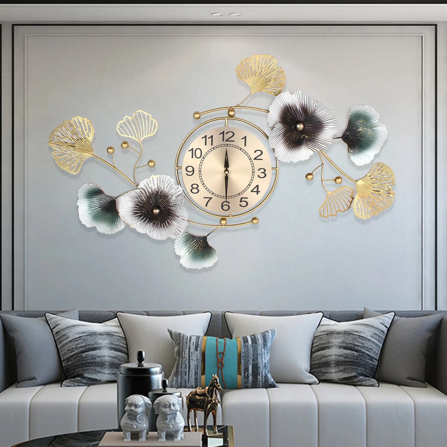 Ginkgo Leaf Metal Wall Clock 90x45cm Modern Quartz Movement