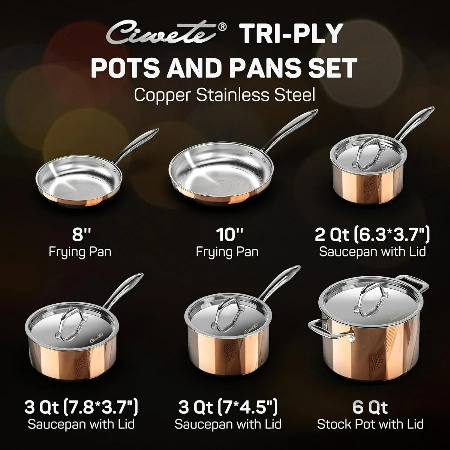 18 10 Stainless Steel Pot And Pan Set 10 Piece With Copper Exterior Induction Cookware And Stainless Lids