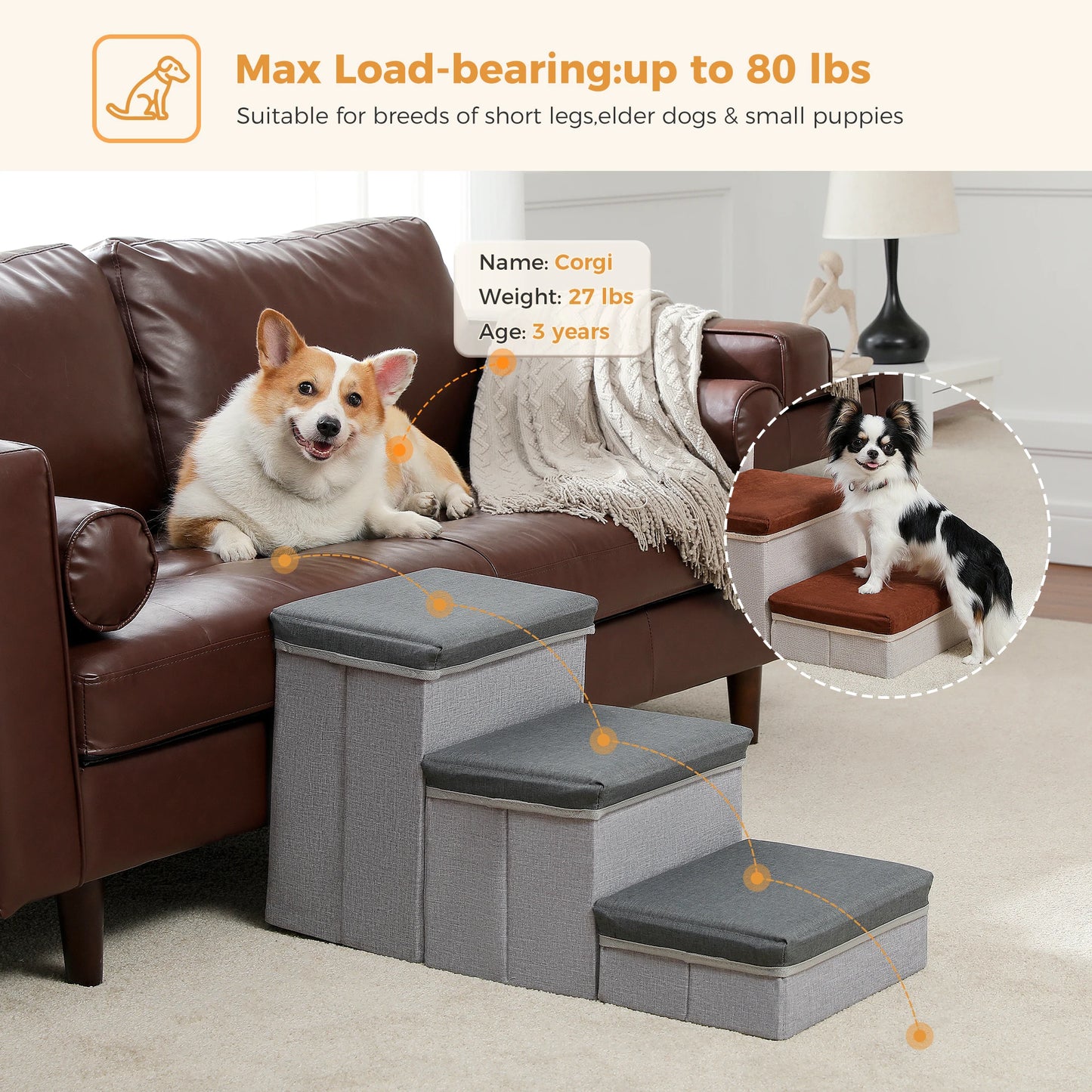 3 Tier Dog Stairs Foldable With Storage Box Non Slip Ramp