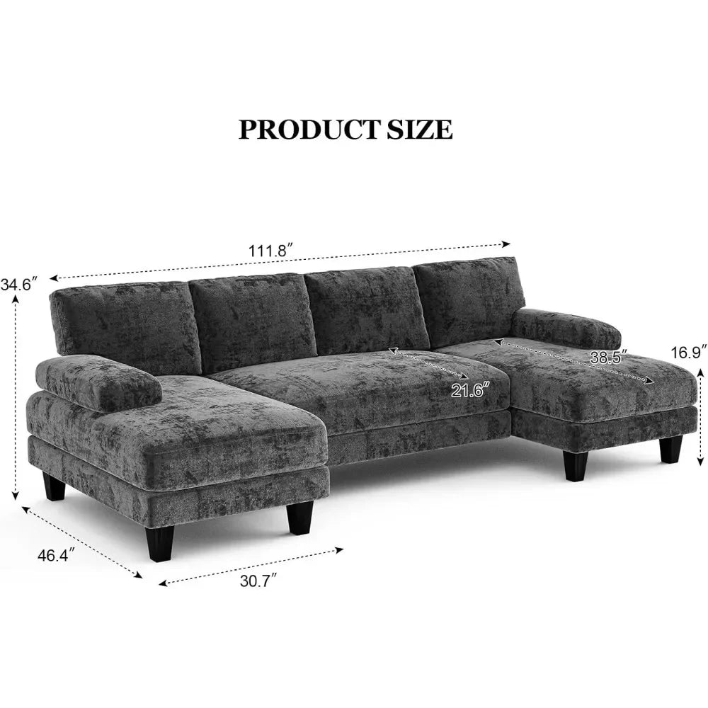 Grey U Shaped Sectional Sofa 111 Inch Modular Double Chaise