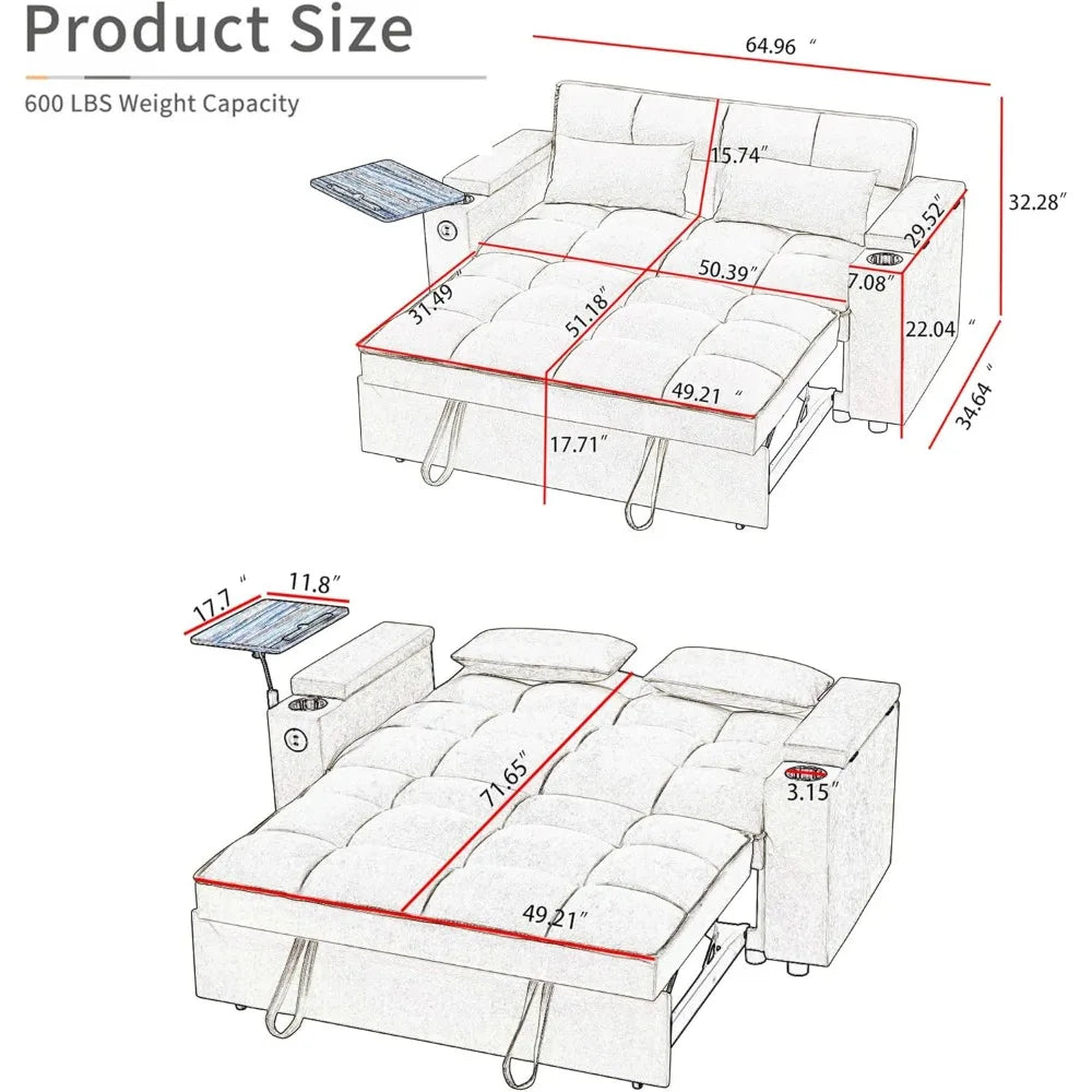 65 Inch Convertible Sleeper Sofa Bed with Chaise and USB Ports