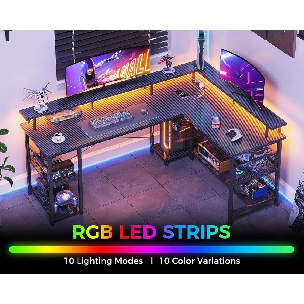66 Inch L Shaped Gaming Desk With Power Outlet And LEDs