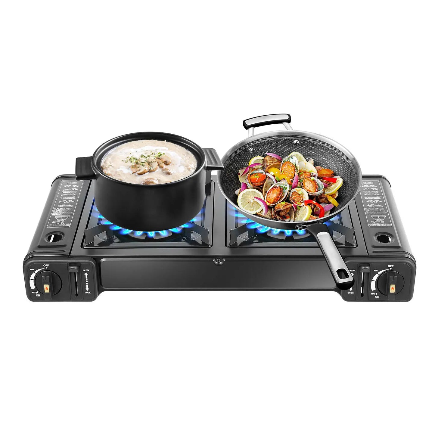 Black Portable Camping Stove With 2 Burners And Grill Tray
