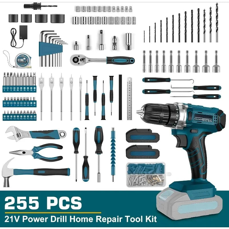 21V Cordless Drill Tool Kit 255 Pieces Home Repair Set