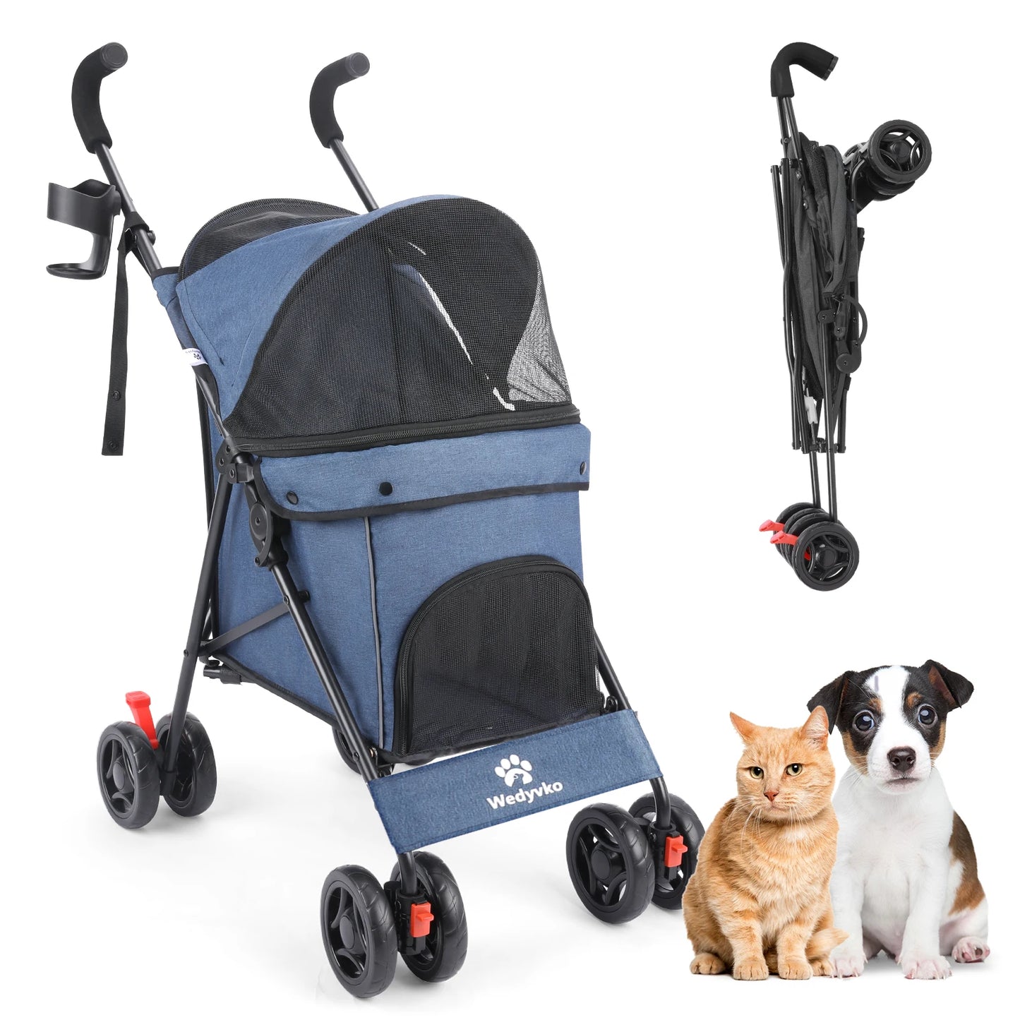 Wedyvko Pet Dog Stroller Four Wheel With Brakes And Storage