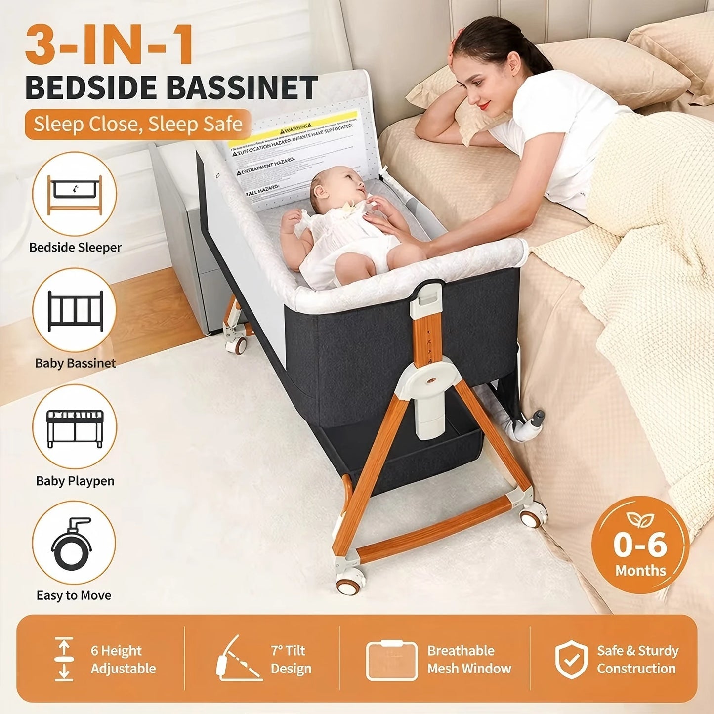 Baby Bassinet 3 in 1 Foldable Portable Bedside Crib Rocking