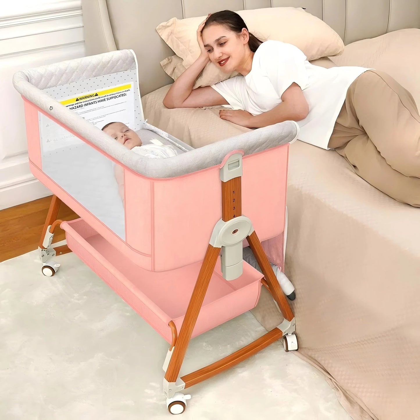 Baby Bassinet 3 in 1 Foldable Portable Bedside Crib Rocking