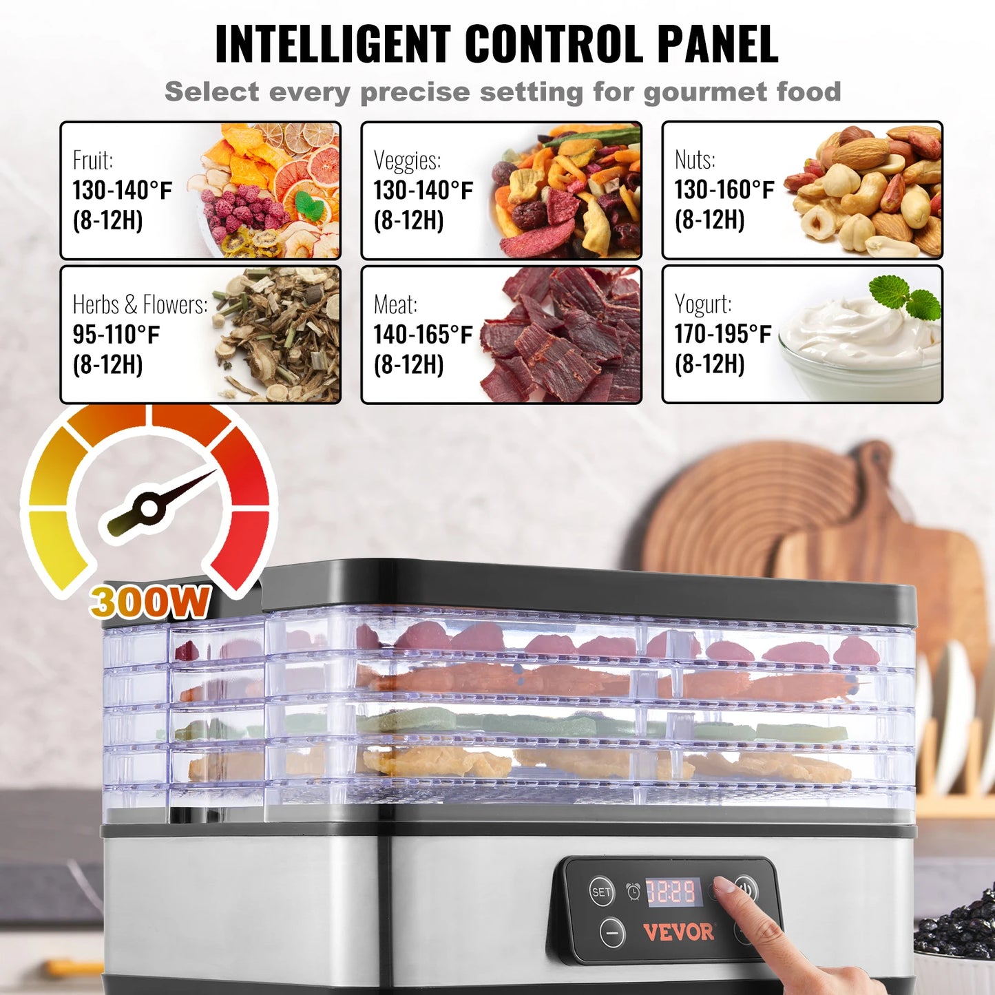 5 Tray Food Dehydrator Stainless Steel 300W Digital Timer