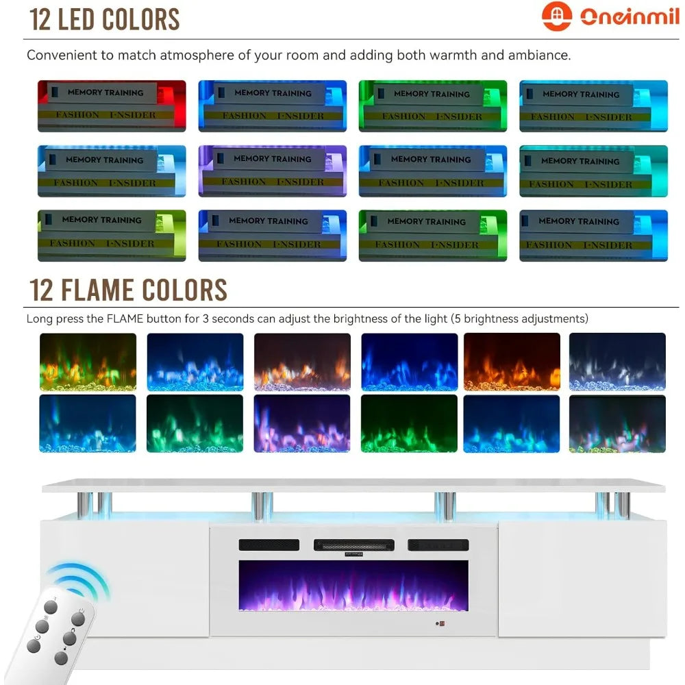 80 Inch Modern Electric Fireplace TV Stand With LED Lights