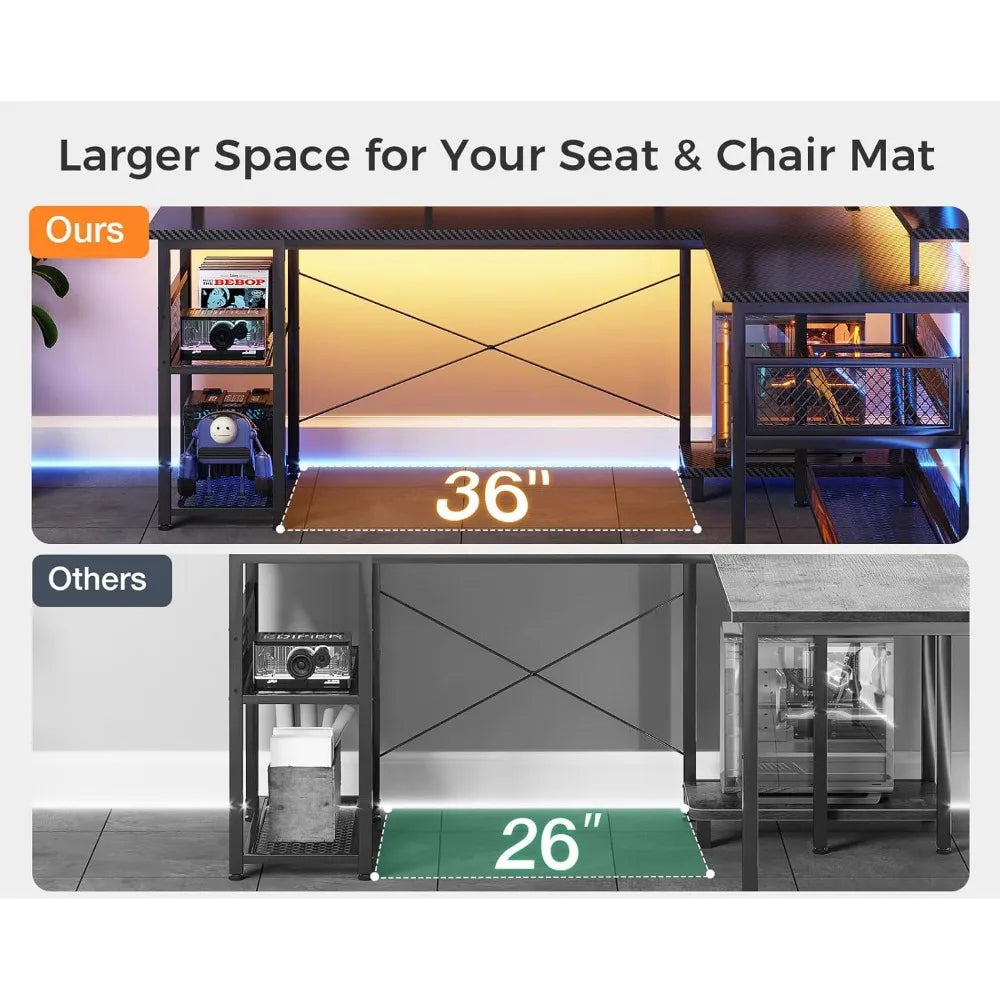 66 Inch L Shaped Gaming Desk With Power Outlet And LEDs
