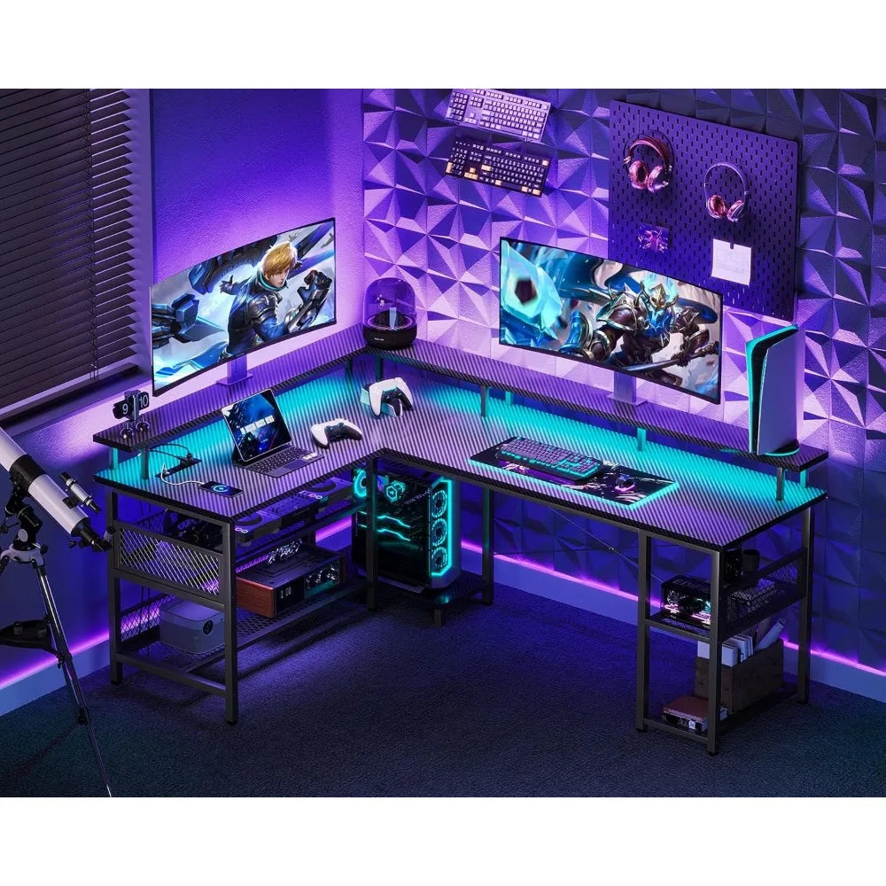 66 Inch L Shaped Gaming Desk With Power Outlet And LEDs