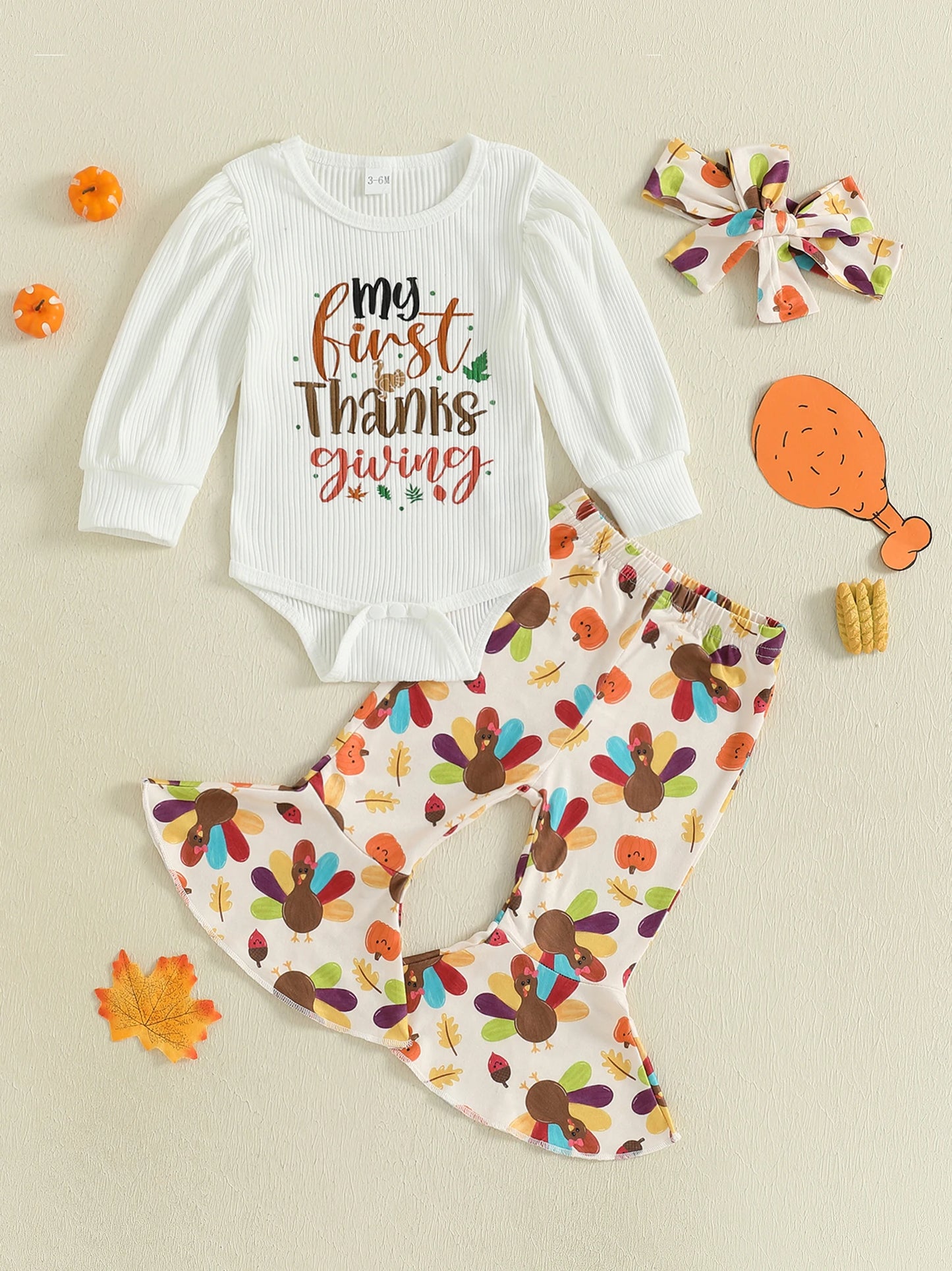 Thanksgiving Baby Girls Outfit Turkey Print Romper Headband