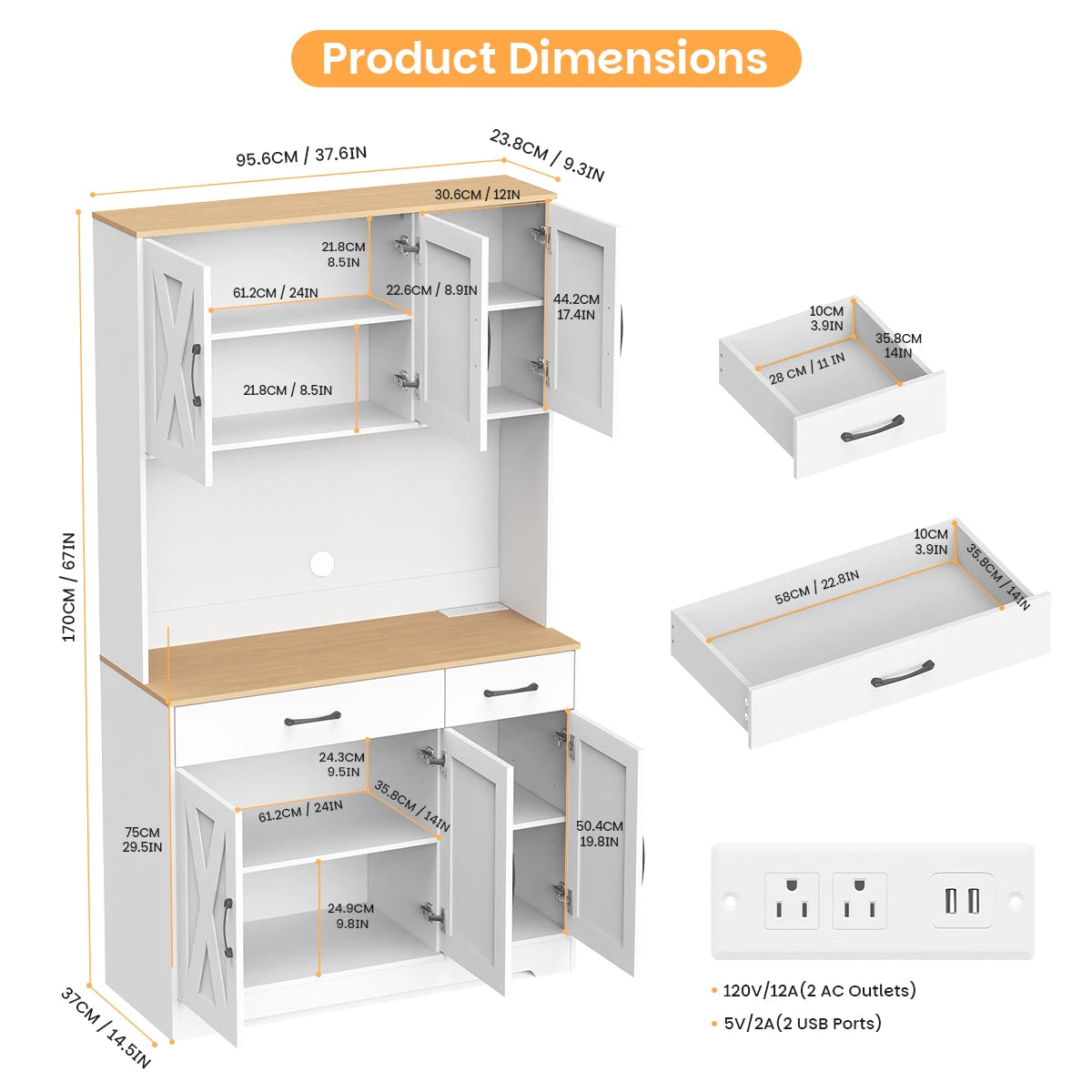 Huisenitre Freestanding Pantry Cabinet With Charging Station Adjustable Shelves