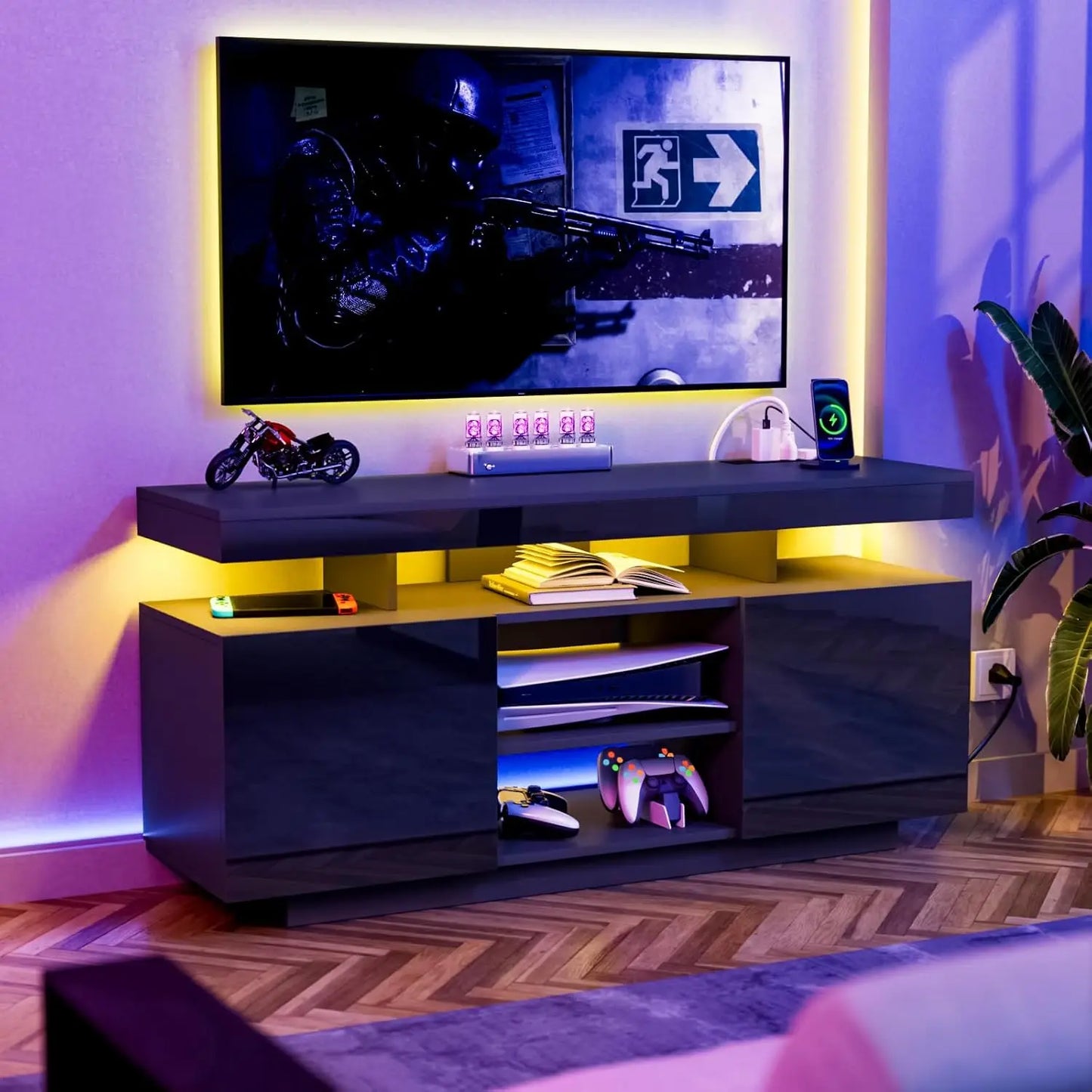75 Inch LED TV Stand Modern Tall Entertainment Walnut