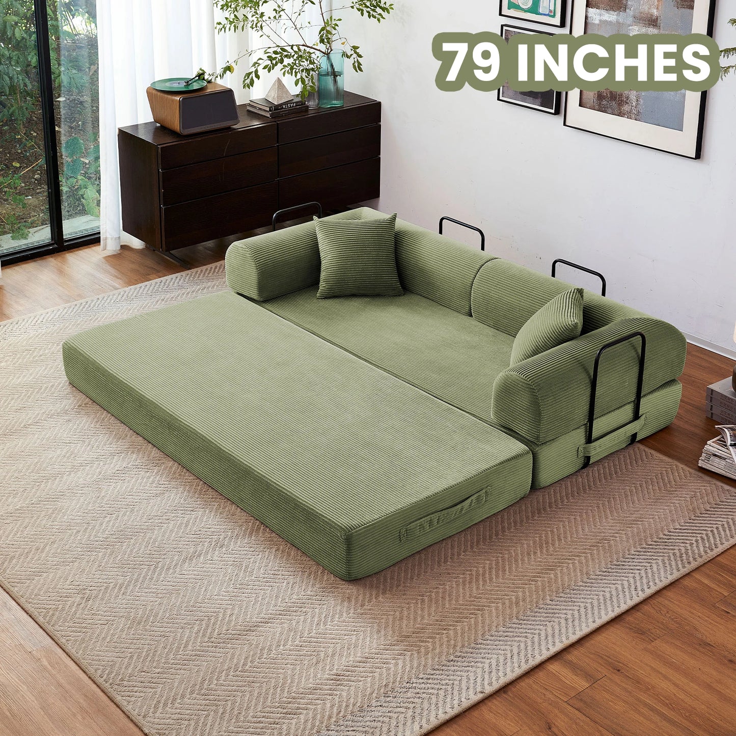 Foldable Convertible Futon Sofa Bed With L Shape Armrests