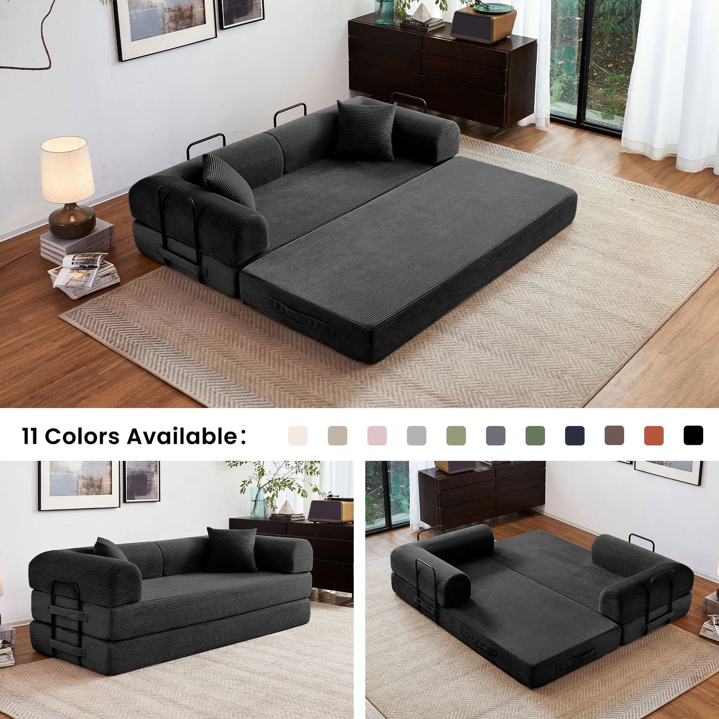 Foldable Convertible Futon Sofa Bed With L Shape Armrests