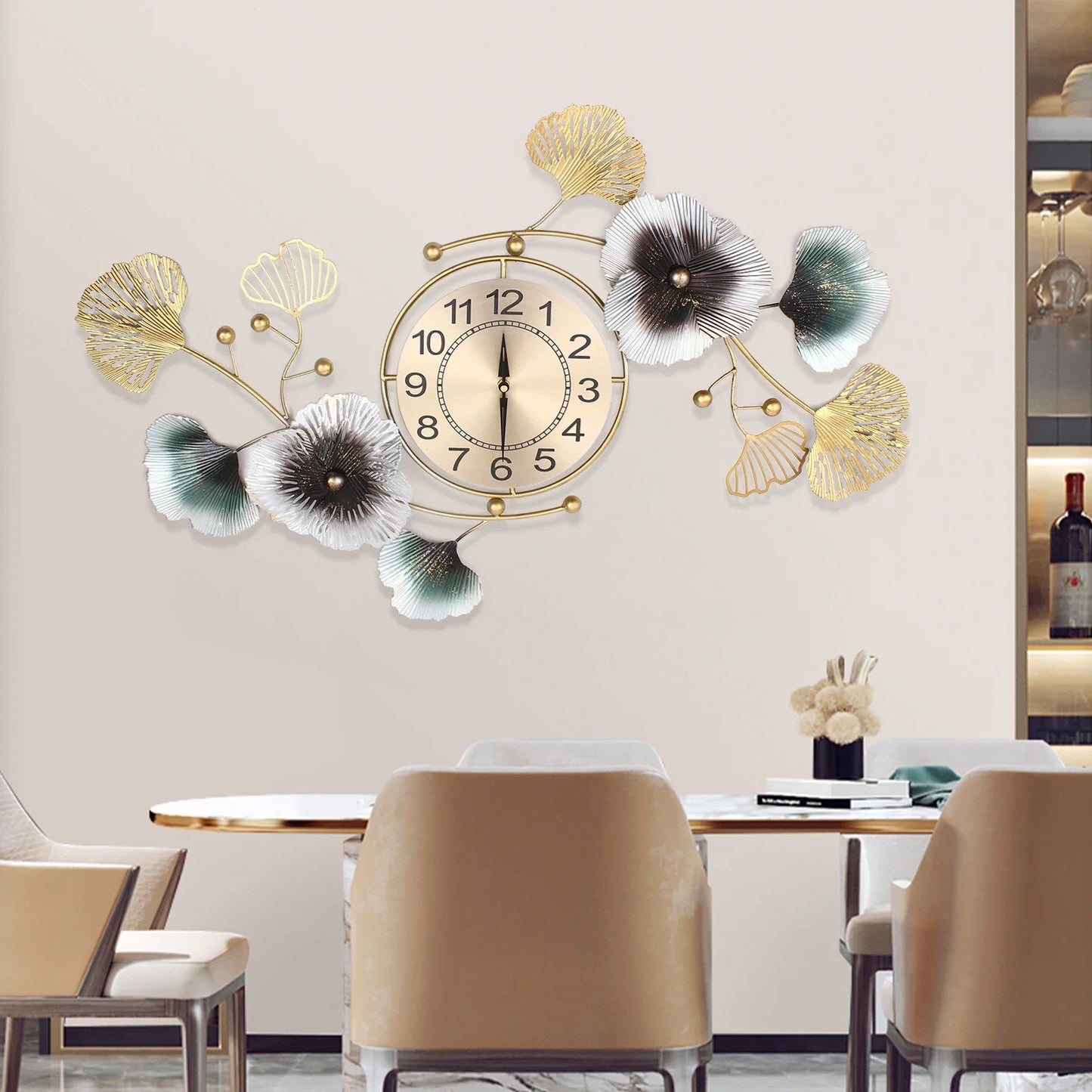 Ginkgo Leaf Metal Wall Clock 90x45cm Modern Quartz Movement
