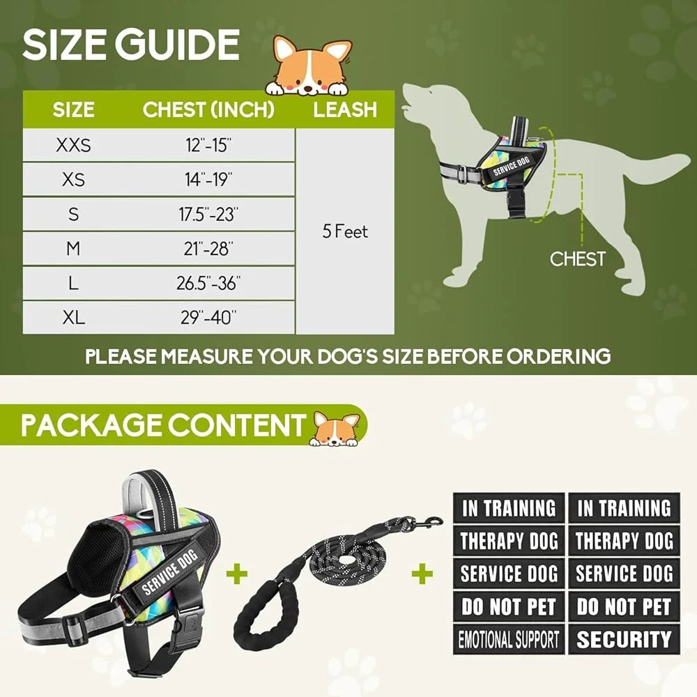 Reflective No Pull Service Dog Harness Leash Set with Patches