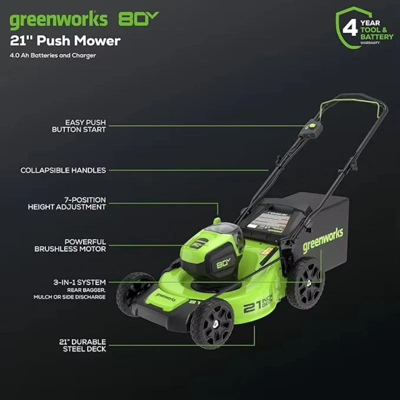 80V 21 Brushless Cordless Push Lawn Mower 4.0Ah Battery