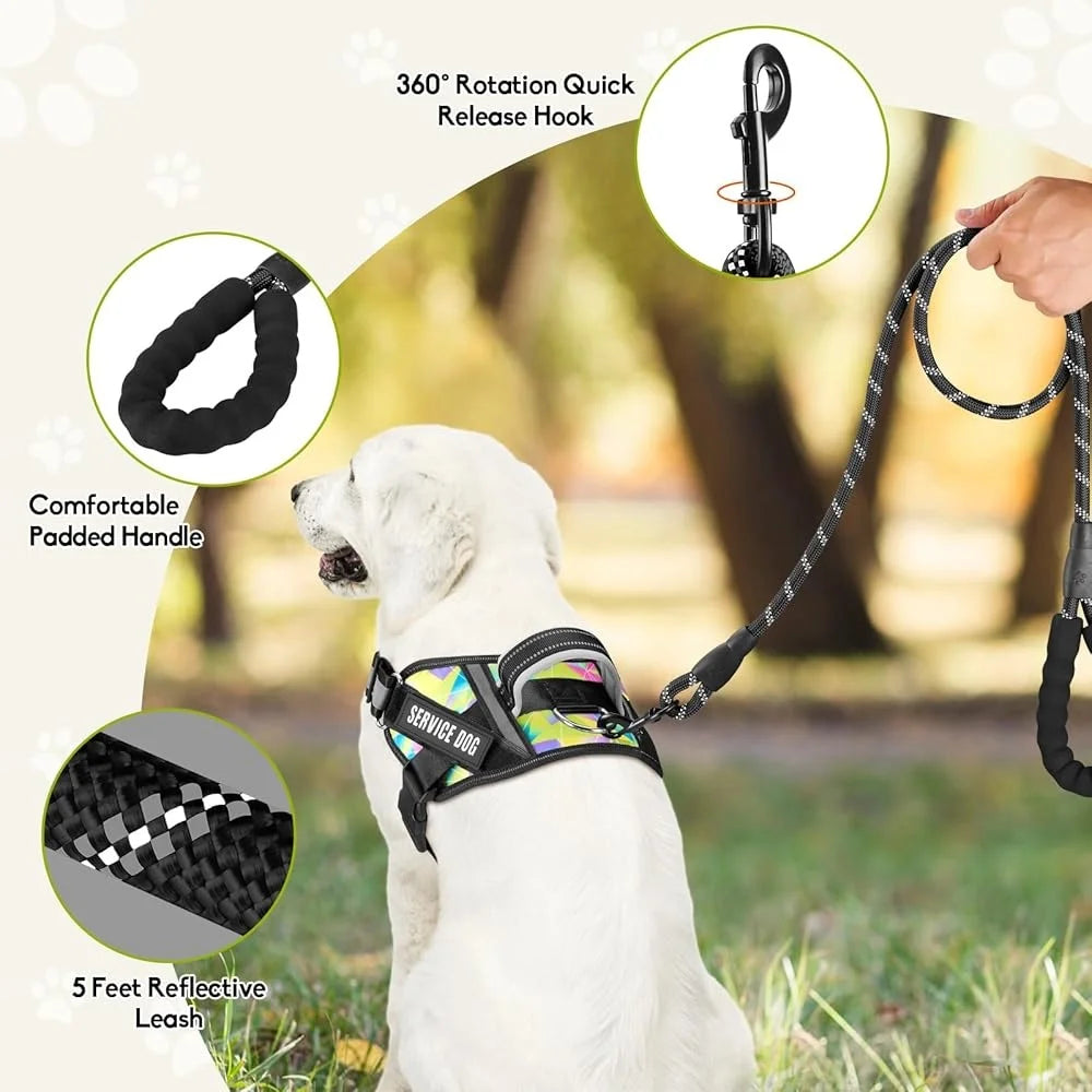 Reflective No Pull Service Dog Harness Leash Set with Patches