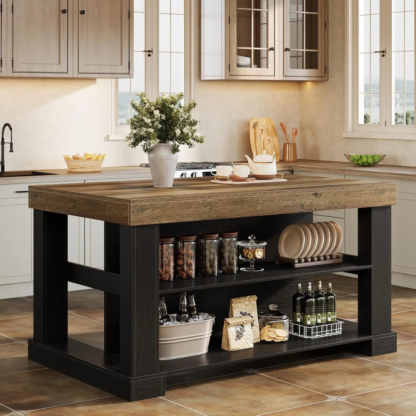 55 Inch Farmhouse Kitchen Island With Storage And Seating